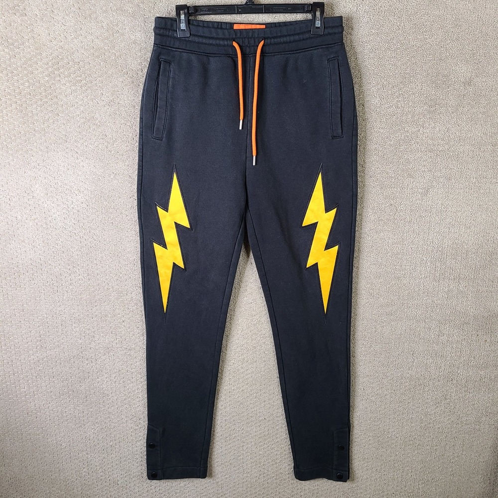Just Don ALL CITY Joggers Mens M Black Sweatpants Yellow‎ Lightning Bolt